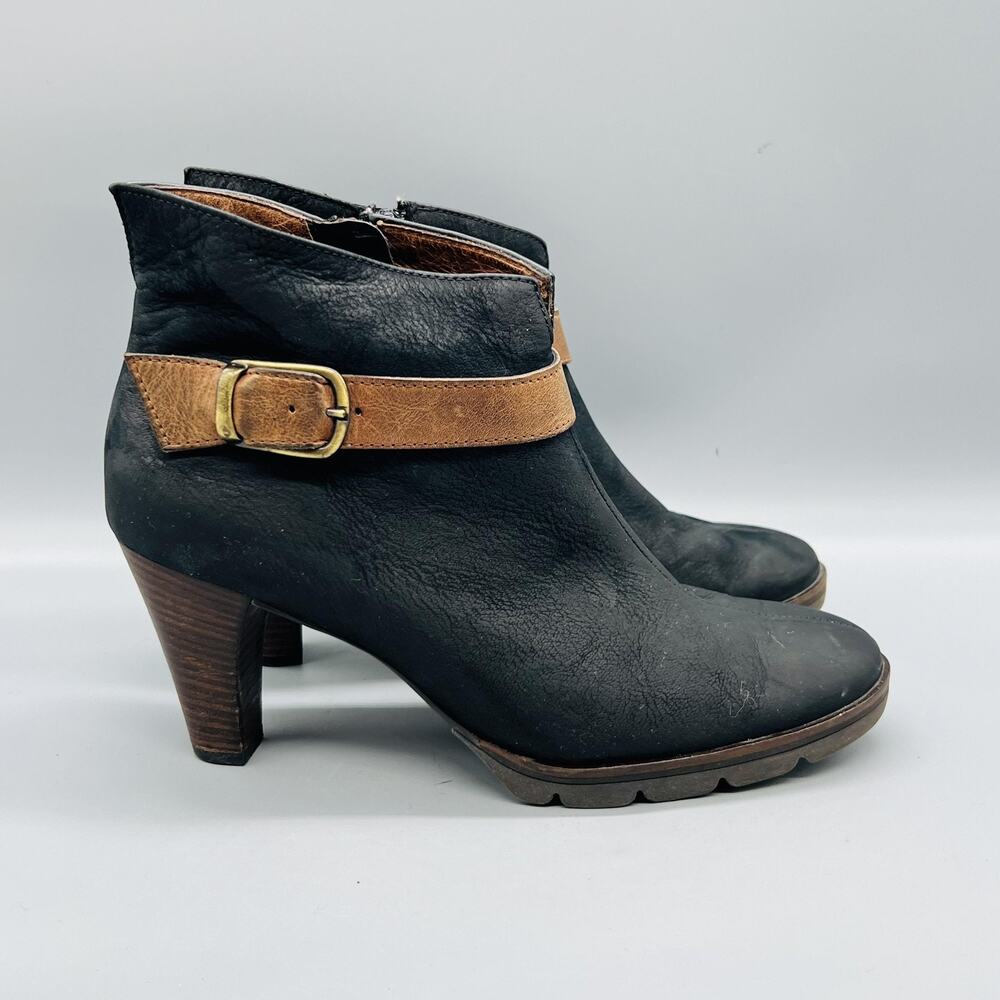 Paul Green Boots Womens 7.5 Black Leather Ankle Buckle Zip Block Heel Shoes